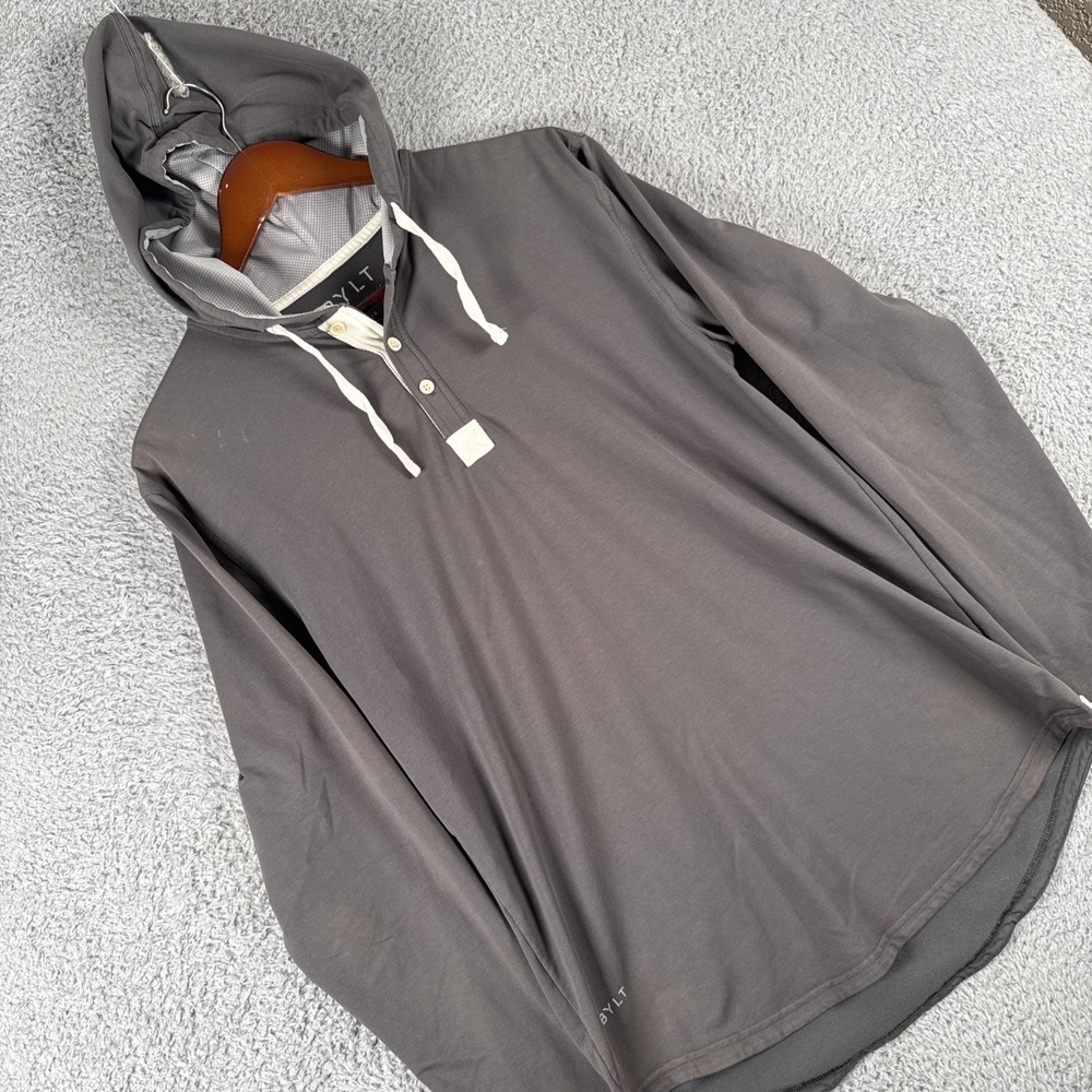 BYLT Premium Basics Drop Cut Hooded Henley Men's Medium Gray Lux Long Sleeve